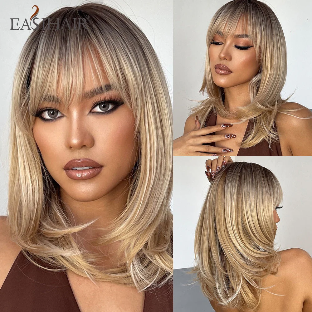 deanwangkt  Short Straight Bob Wigs With Bang Golden Brown Natural Synthetic Hair For Women Daily Cosplay Heat Resistant Fiber Wigs - Deanwangkt