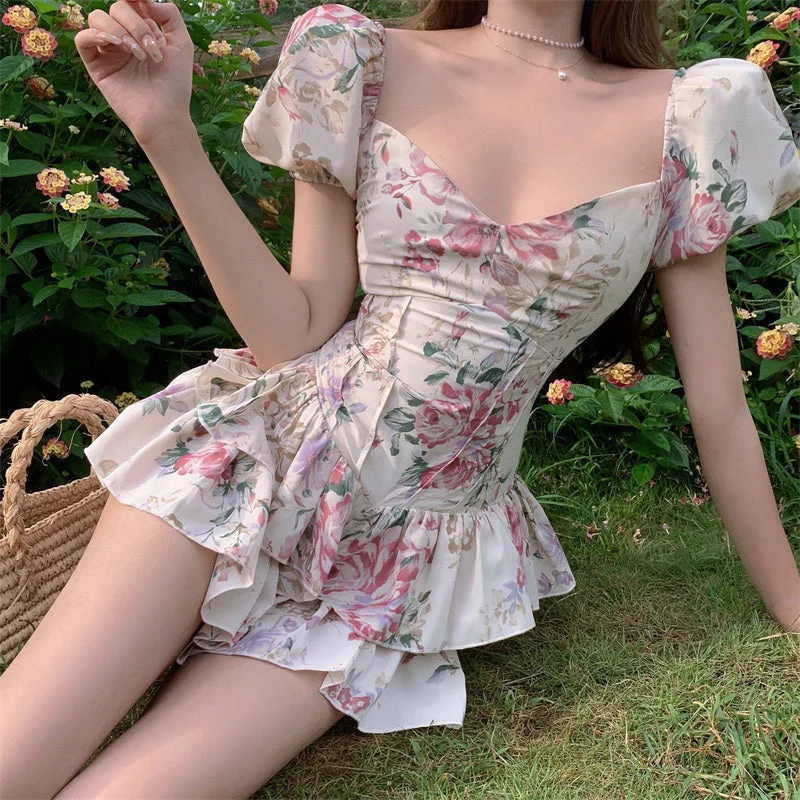 deanwangkt  Summer French Romantic Floral Mini Romper Square Collar Flowers Printed Chiffon Tiered Playsuit Cute Kawaii Feminine Romper  Fairy Dress - Deanwangkt