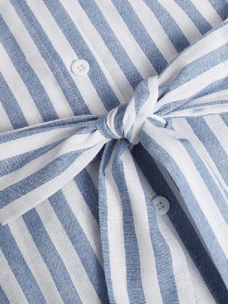 deanwangkt Women 100% Cotton Classical Striped Print Lapel Button Front Lace-Up Casual Shirt Dress - Deanwangkt