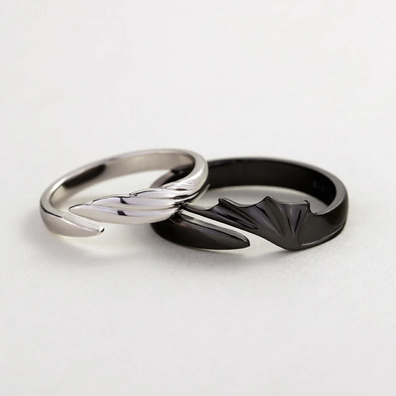 DEANWANGKT Sterling Silver Angel And Devil Couple Rings Wing Feather Opening Rings For Women Men Lovers Party Jewelry - Deanwangkt