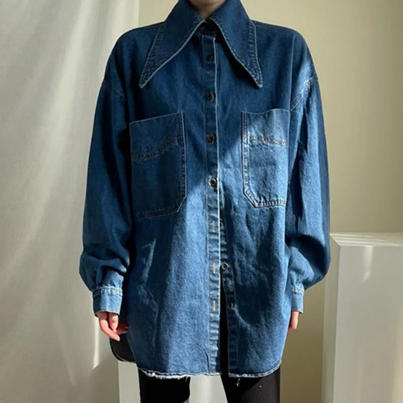 deanwangkt Female Denim Shirt Autumn Korean Retro Chic Pointed Collar Single-Breasted Loose Large Pockets Washed Blue Blouses - Deanwangkt