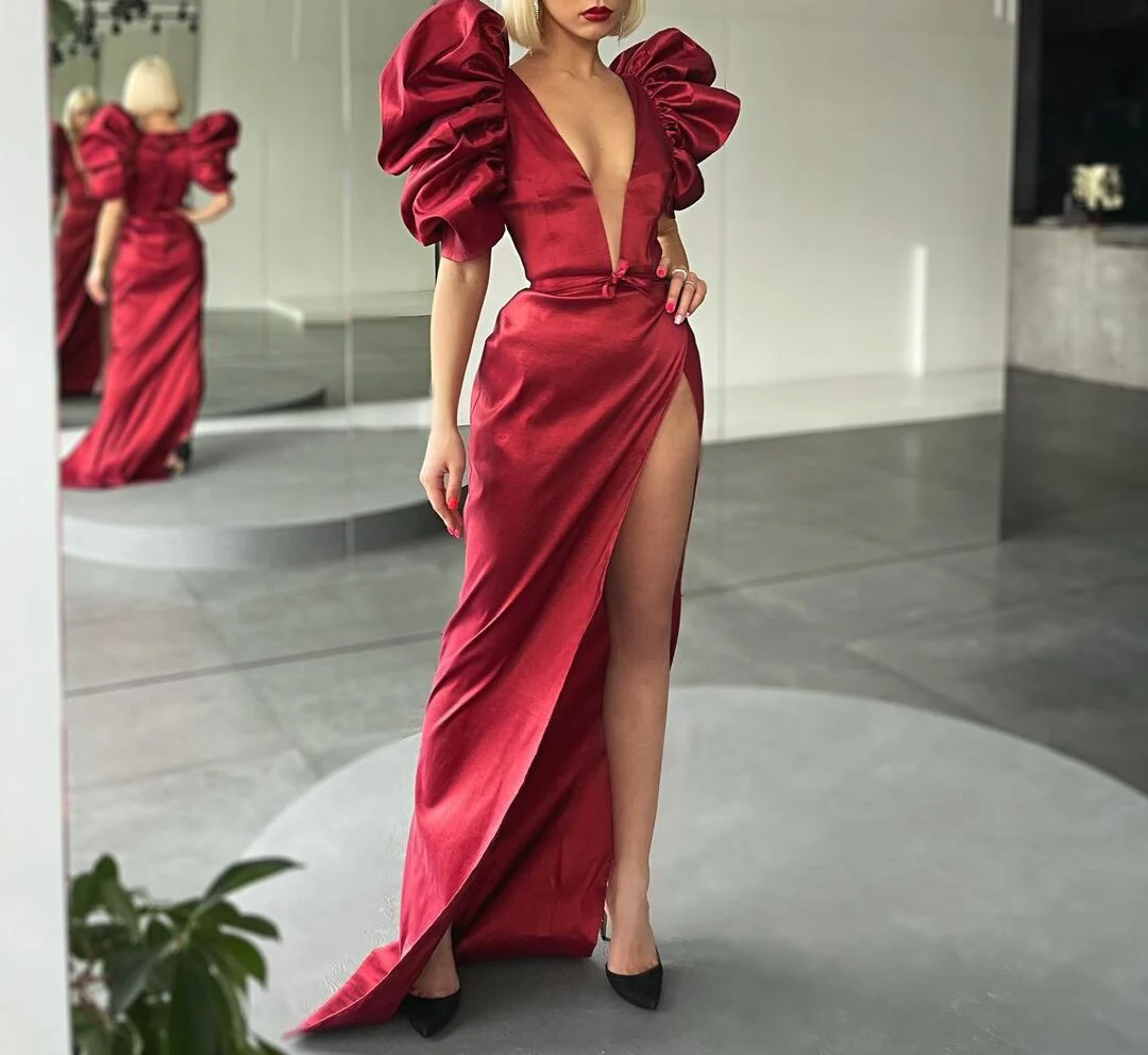 Abiballkleid Mermaid Evening Dresses  V-Neck Long Prom Gown Satin Robe De Soiree Side Split Sukienka Na Wesele - Deanwangkt