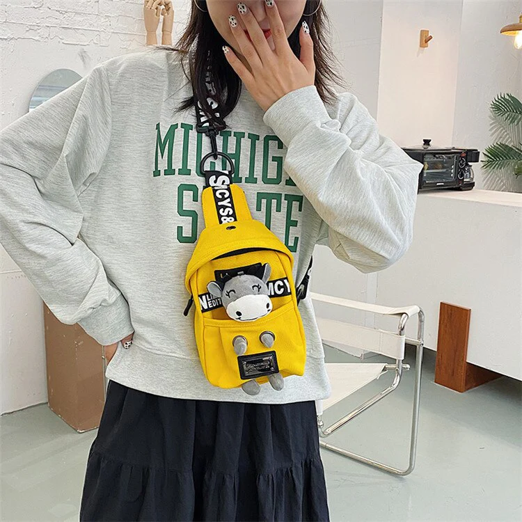 deanwangkt Cute Plush Toy Inside Chest Bag For Women Casual Canvas Bag Women Crossbody Bags Letter Print Strap Shoulder Bag Women Bolso Sac - Deanwangkt