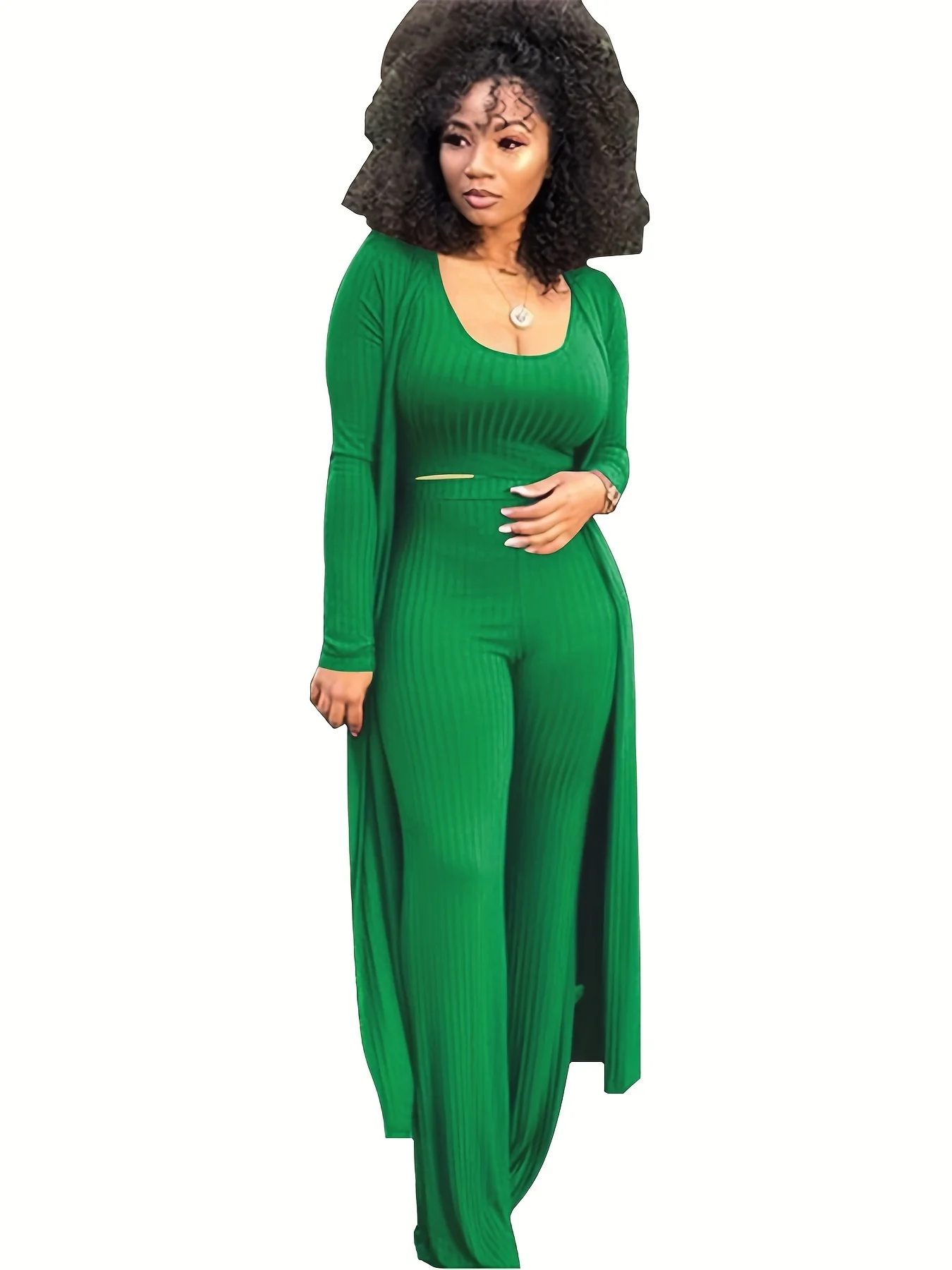 deanwangkt-1  Solid Rib Knit 3 Pieces Set, Open Front Long Length Cardigan & Bodycon Scoop Neck Tank Top & High Waist Draped Pants Outfits, Women's Clothing - Deanwangkt