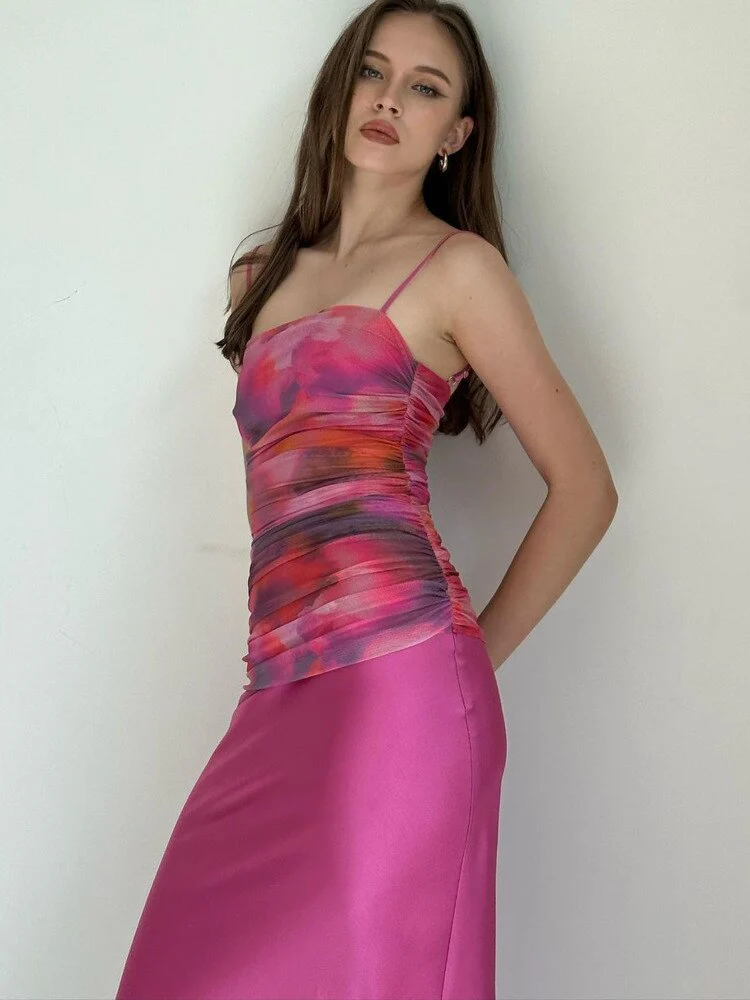 deanwangkt Women Summer Satin Slip Patchwork Mesh Maxi Dress Print Backless Off Shoulder For Women Outfits Beach Holiday Vestido - Deanwangkt