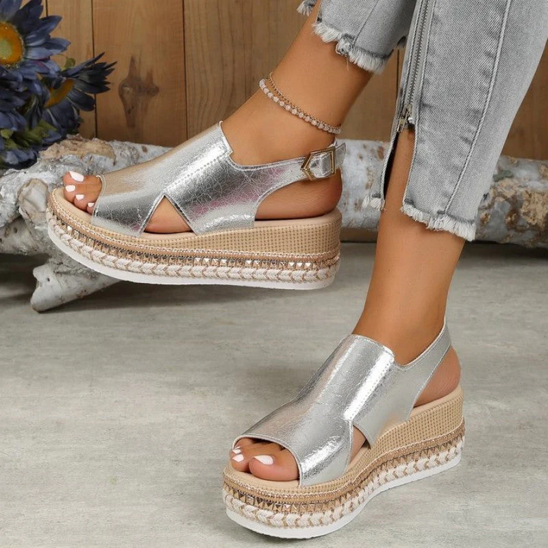 deanwangkt - Gold Casual Hollowed Out Patchwork Fish Mouth Out Door Wedges Shoes (Heel Height 1.97in) - Deanwangkt