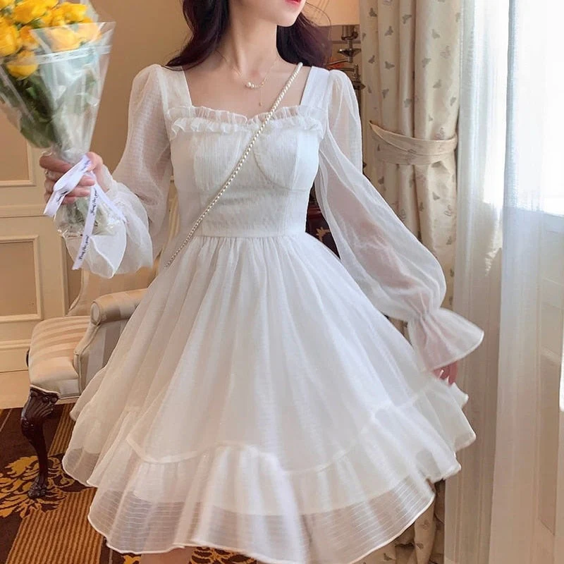 deanwangkt French Sweet Fairy Lolita Dress Women Long Sleeve Lace Y2k Mini Dress Vintage Kawaii Clothes One Piece Dress Korean  Autumn - Deanwangkt