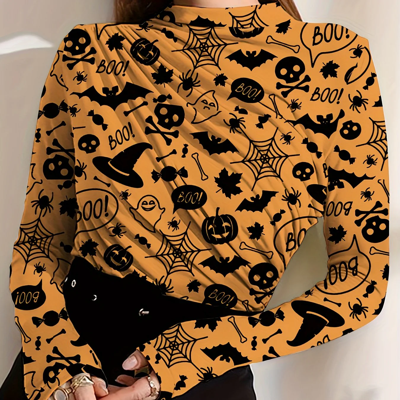 deanwangkt-1 Halloween Graphic Print Mock Neck T-Shirt, Casual Ruched Long Sleeve Top For Spring & Fall, Women's Clothing - Deanwangkt
