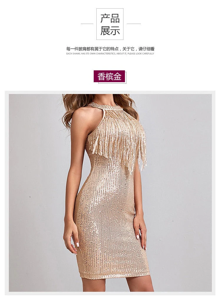 deanwangkt   Sequin Tassel Sexy Dress Women O-Neck Bodycon Nightclub Party Mini Dress Summer Sparkle Glitter Dresses Vestidos Christmas - Deanwangkt