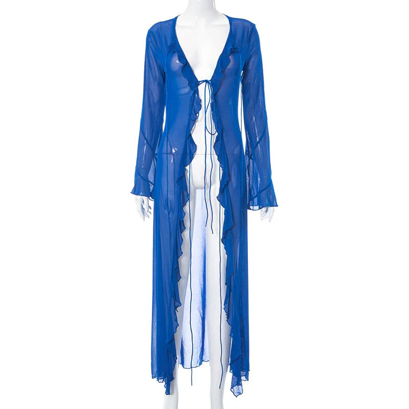 Mesh Long Sleeve Black See Through Cardigan Lace Up Sexy Midi Dress  Summer Women Fashion Beach Party Club Outfit - Deanwangkt