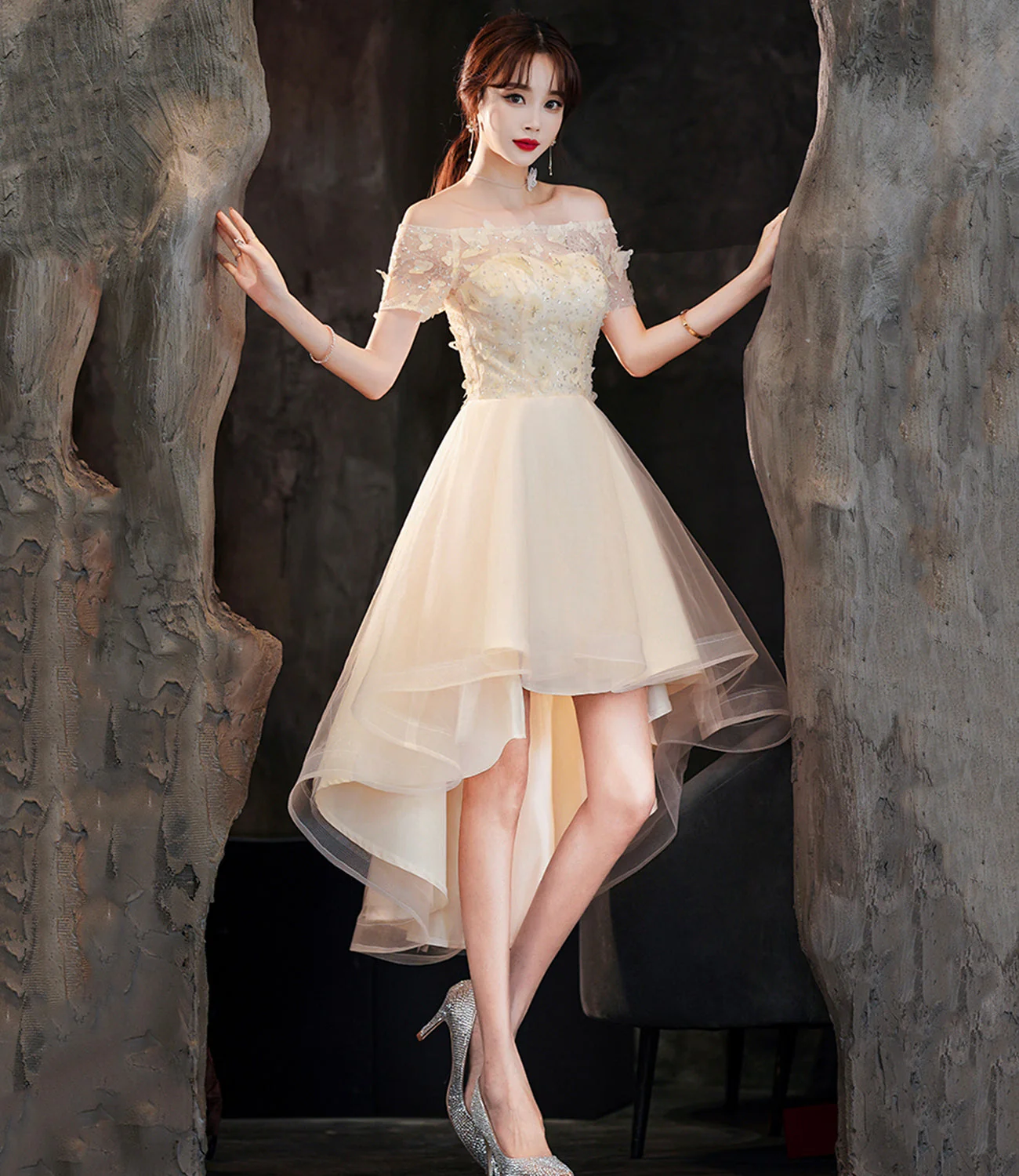 solvbao Champagne Tulle High Low Prom Dresses, A-Line Party Dresses - Deanwangkt