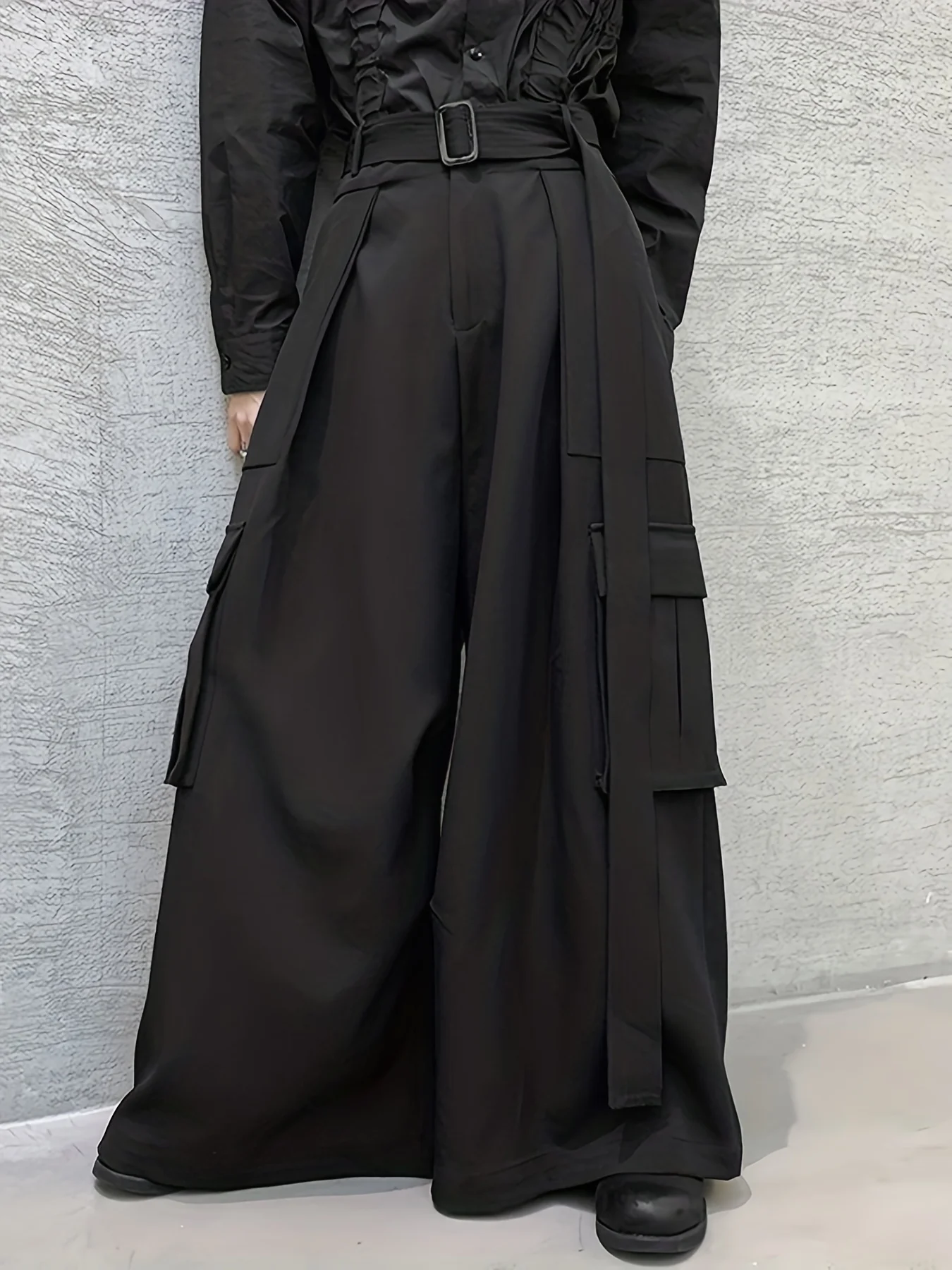 Plus Size Men's Pants Loose Joggers Pockets Streetwear Loose Wide Leg Trousers With Belt - Deanwangkt