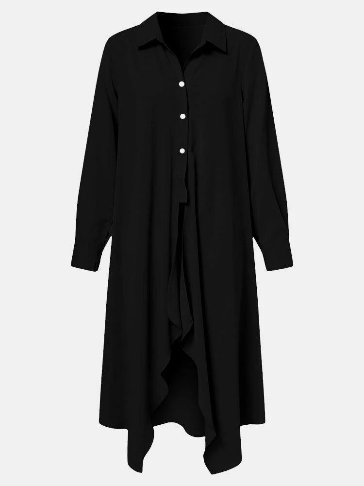deanwangkt Pure Color Turn-down Collar Long Sleeve Button Irregular Hem Shirt Dress - Deanwangkt