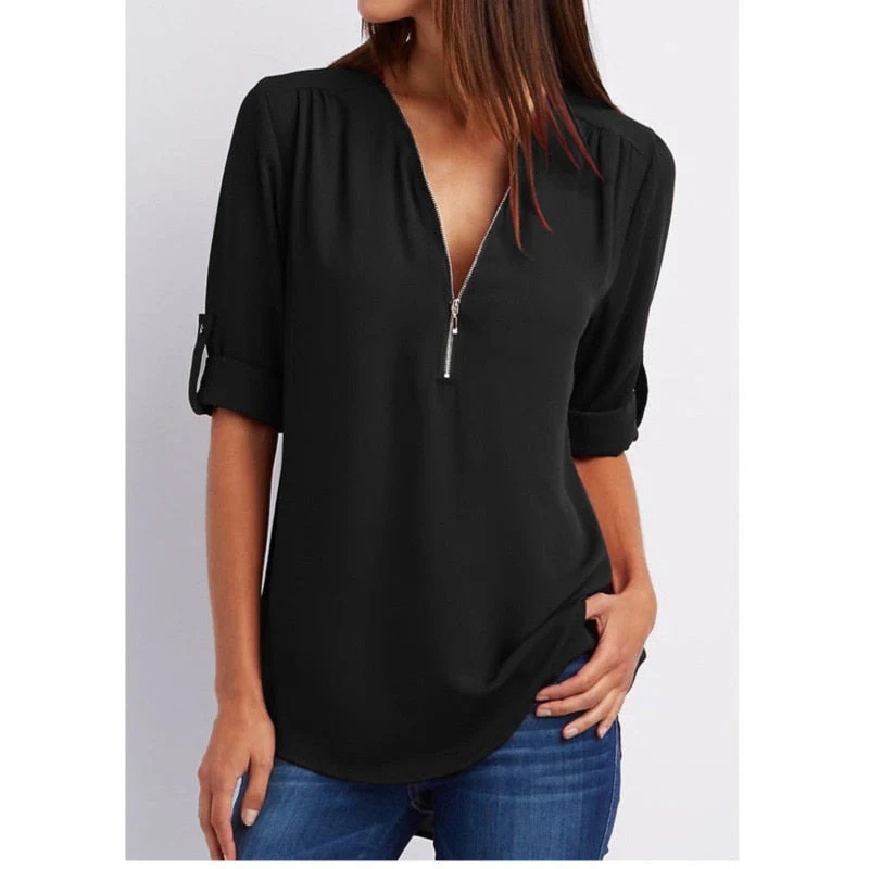 deanwangkt Women Shirts Summer Autumn Casual V-neck Chiffon Blouse Women Top Camisa Feminina Long Sleeve Black White Ladies Blouses Shirt - Deanwangkt