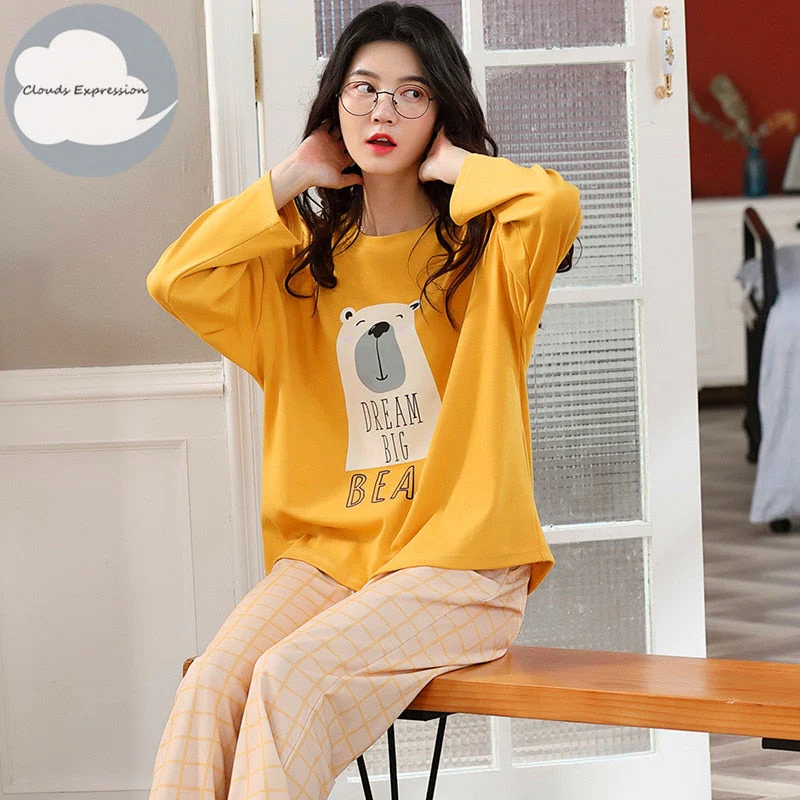 Spring Autumn Women's Sleep Lounge Pajama Long Sleeved Woman Pajama Set Cartoon Pyjamas Cotton Sleepwear M L XL XXL XXXL Fashion - Deanwangkt