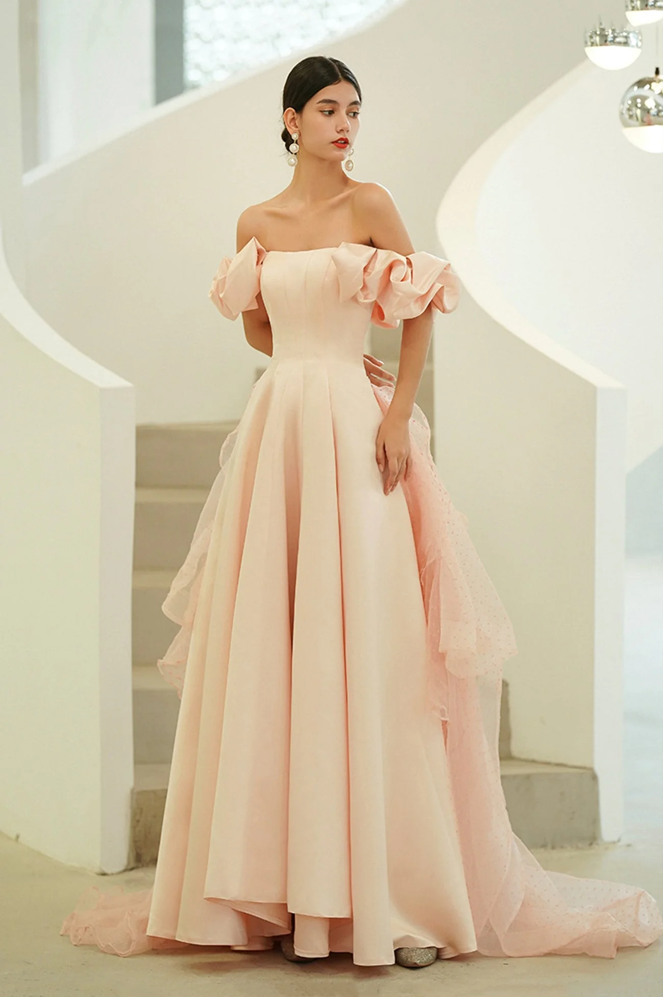 solvbao Pink Satin Long Prom Dresses, A-Line Off the Shoulder Evening Party Dresses - Deanwangkt