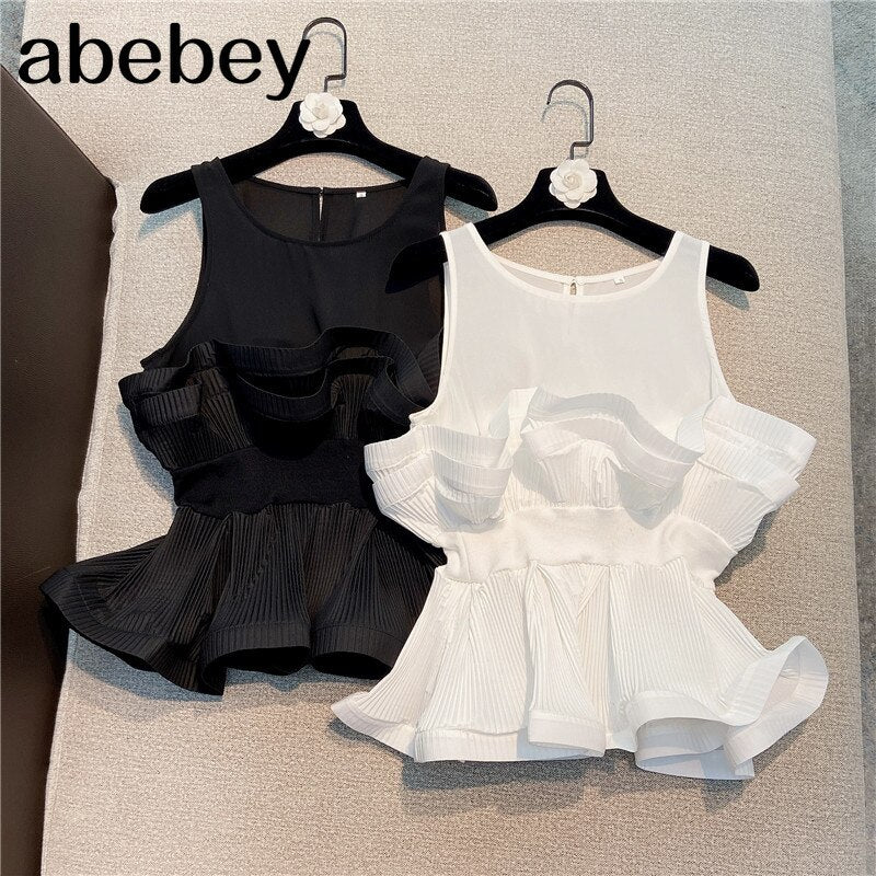deanwangkt  Solid Color Sweet Pleated Ruffles Patchwork Shirt Women Sleeveless Slim Chiffon Blouse Top for Lady - Deanwangkt