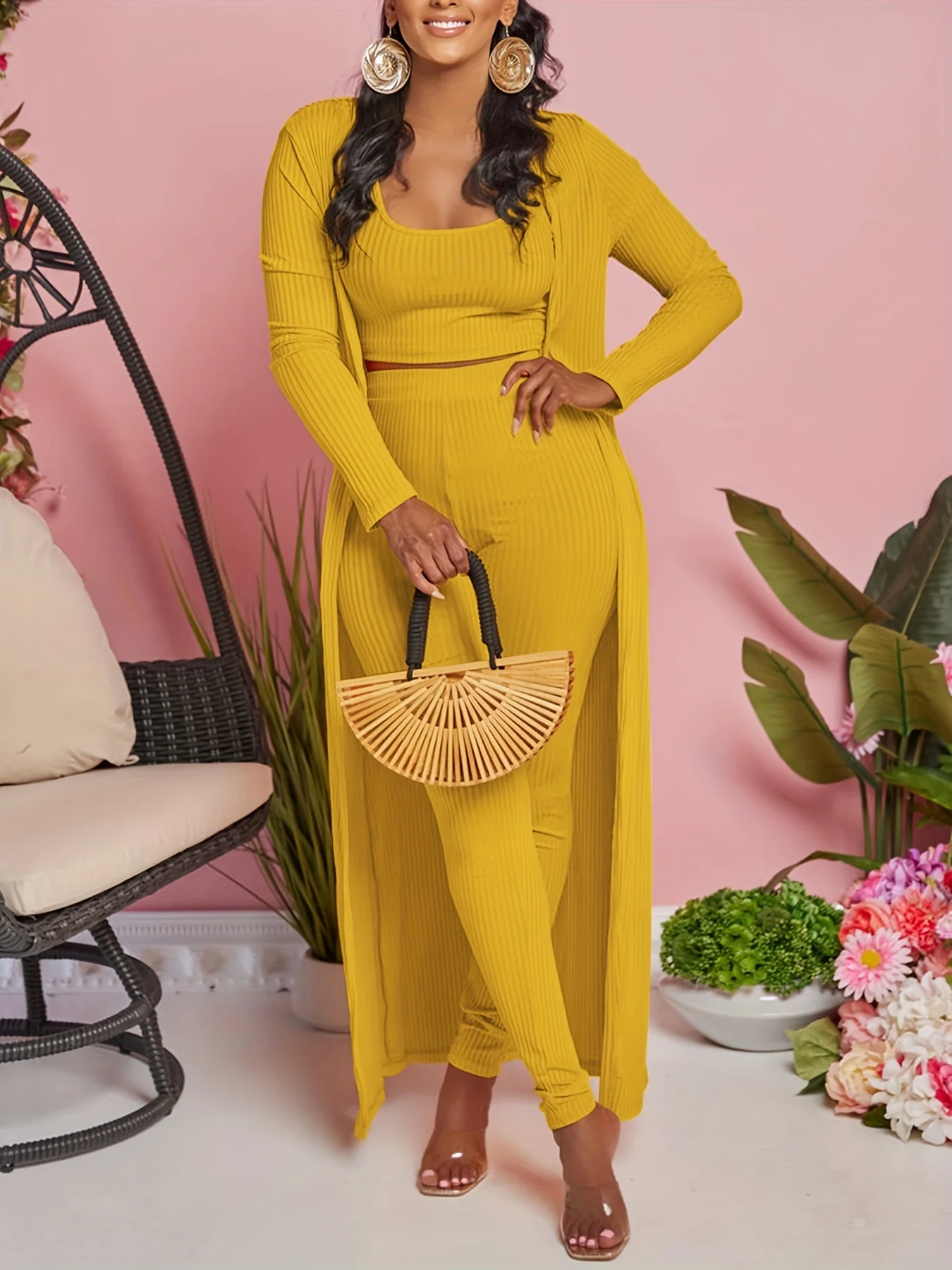 deanwangkt-1  Solid Ribbed Three-piece Set, Crop Tank Top & Slim Pants & Long Sleeve Cardigan Outfits, Women's Clothing - Deanwangkt