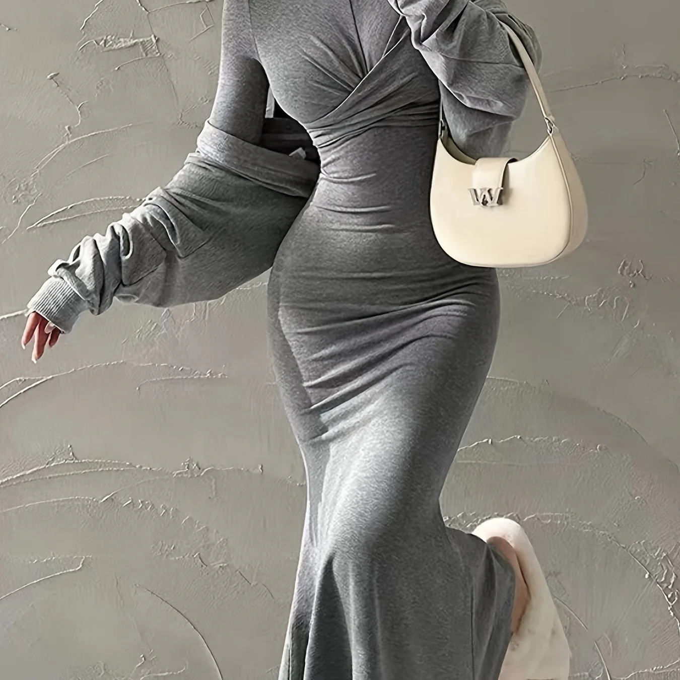 Twist Front Long Sleeve Trumpet Dress, Casual Turtle Neck Slim Dress For Spring & Fall, Women's Clothing - Deanwangkt