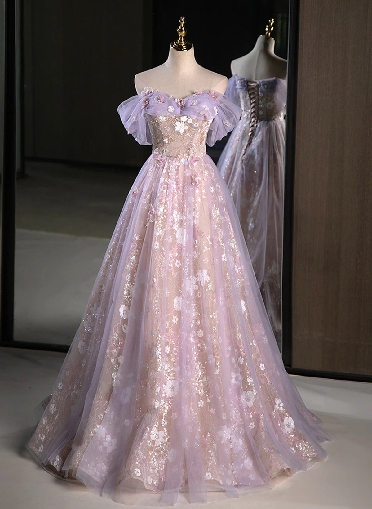 Solvbao Lovely Light Purple Floral Tulle Off Shoulder Party Dress, Light Purple Tulle Prom Dress - Deanwangkt