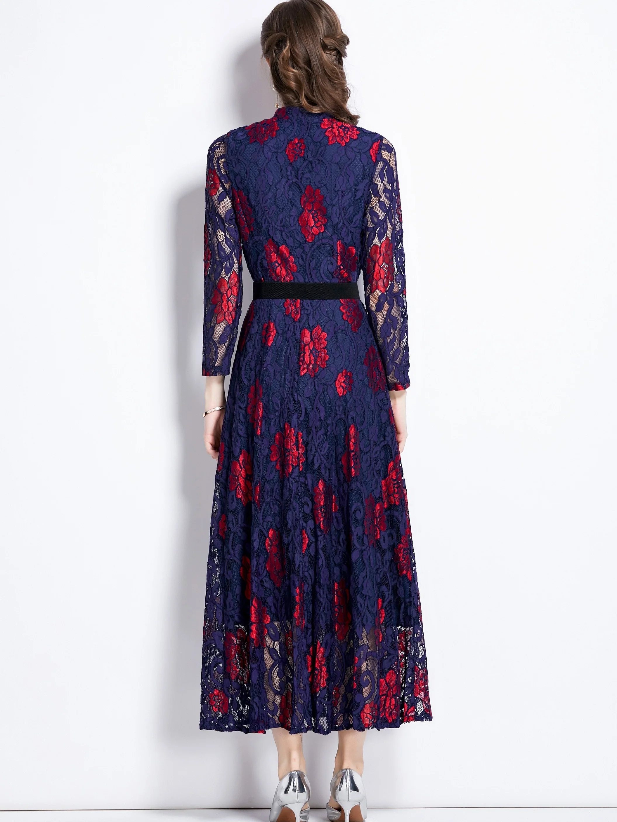 Floral Print Contrast Lace Dress, Elegant Button Front Party Maxi Dress, Women's Clothing - Deanwangkt