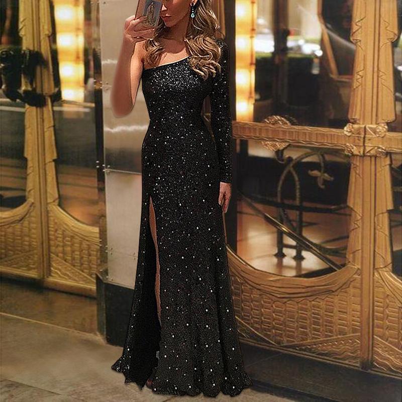 One Shoulder Evening Dresses  Black Sequins Mermaid Long Sleeves Formal Dresses Abiye Gece Elbisesi Side Slit Robe De Soiree - Deanwangkt