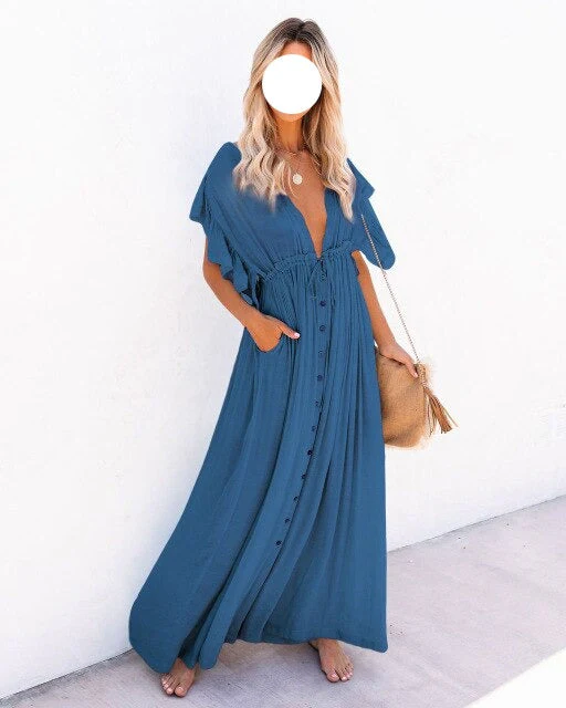 deanwangkt  Summer Beach Maxi Dress Women Pleated Drawstring High Waist Long Dress Solid Boho Casual V-Neck Sexy Party Dresses - Deanwangkt