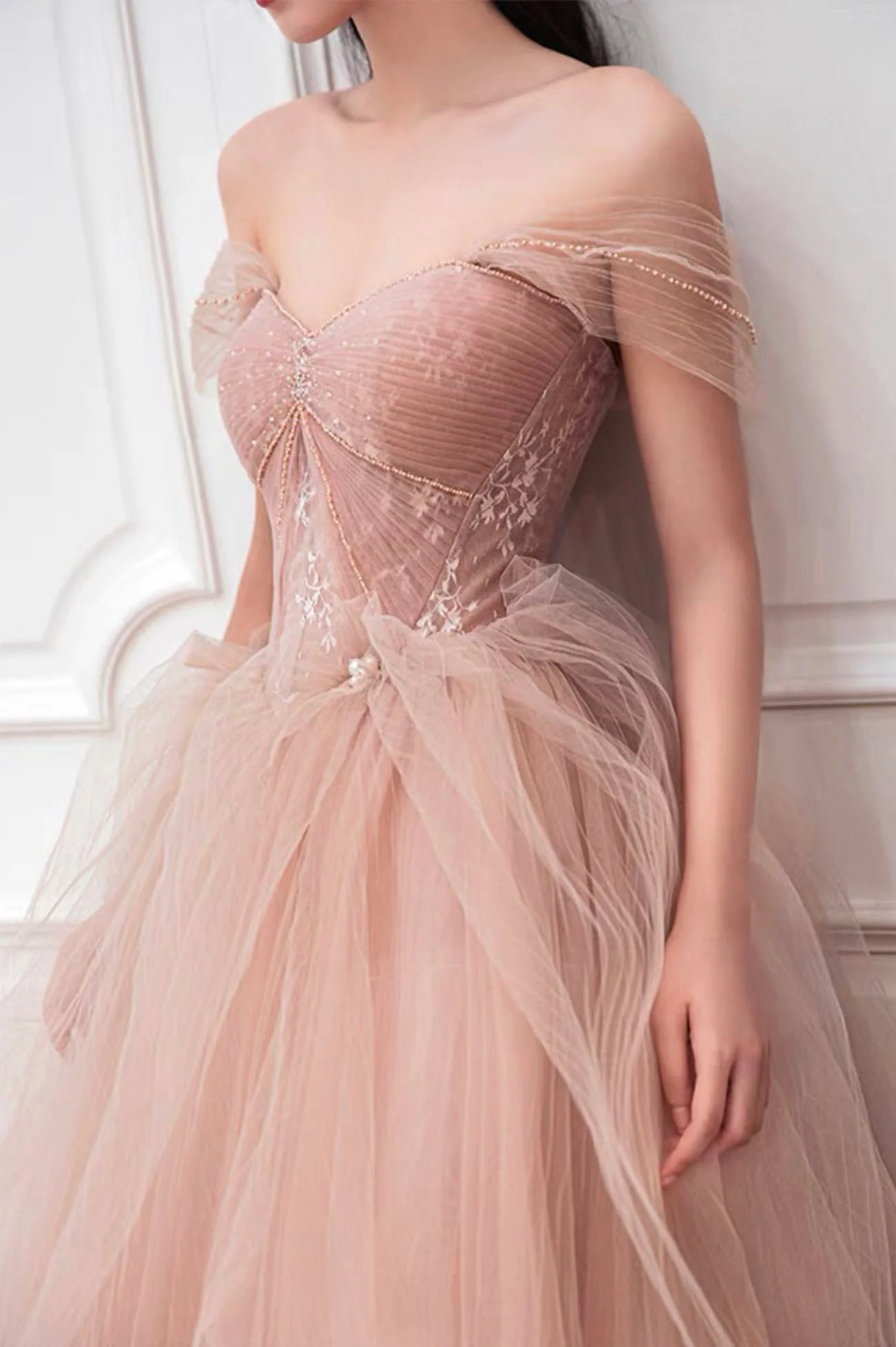 solvbao Beautiful Pink Off the Shoulder Lace Party Dresses, Pink Junior Prom Dresses - Deanwangkt