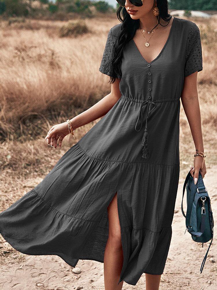 deanwangkt Solid Color Button Drawstring Short Sleeve V-neck Stitching Casual Dress - Deanwangkt