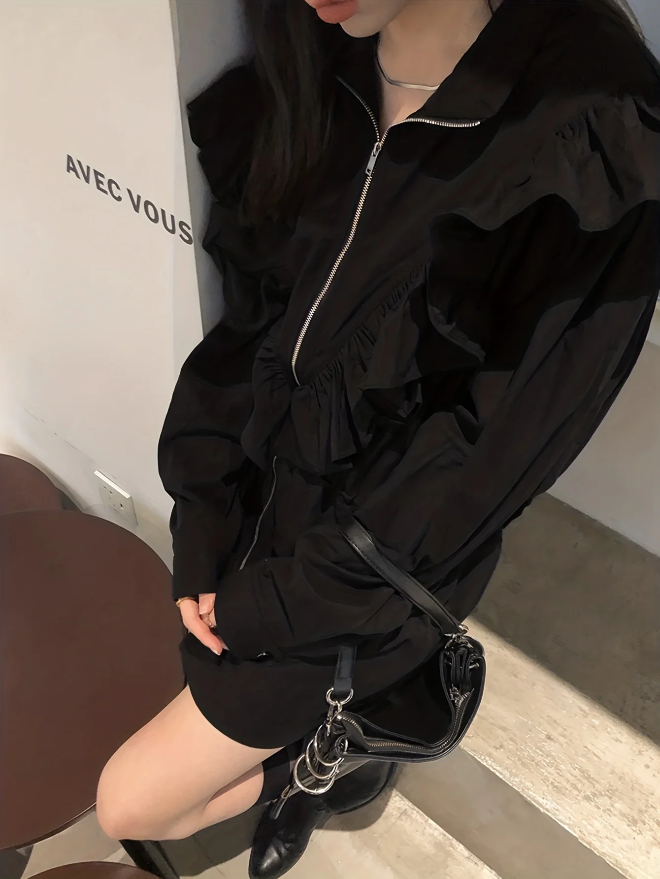 deanwangkt Ruffle Trim Solid Zipper Blouse, Casual Long Sleeve Versatile Blouse, Women's Clothing - Deanwangkt
