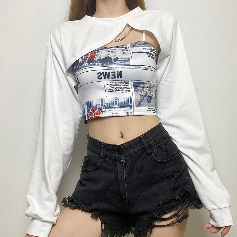 Gothic hollow tshirt 2 pieces crop top summer black Punk bandage tassel top high streetwear party top cotton tees female - Deanwangkt