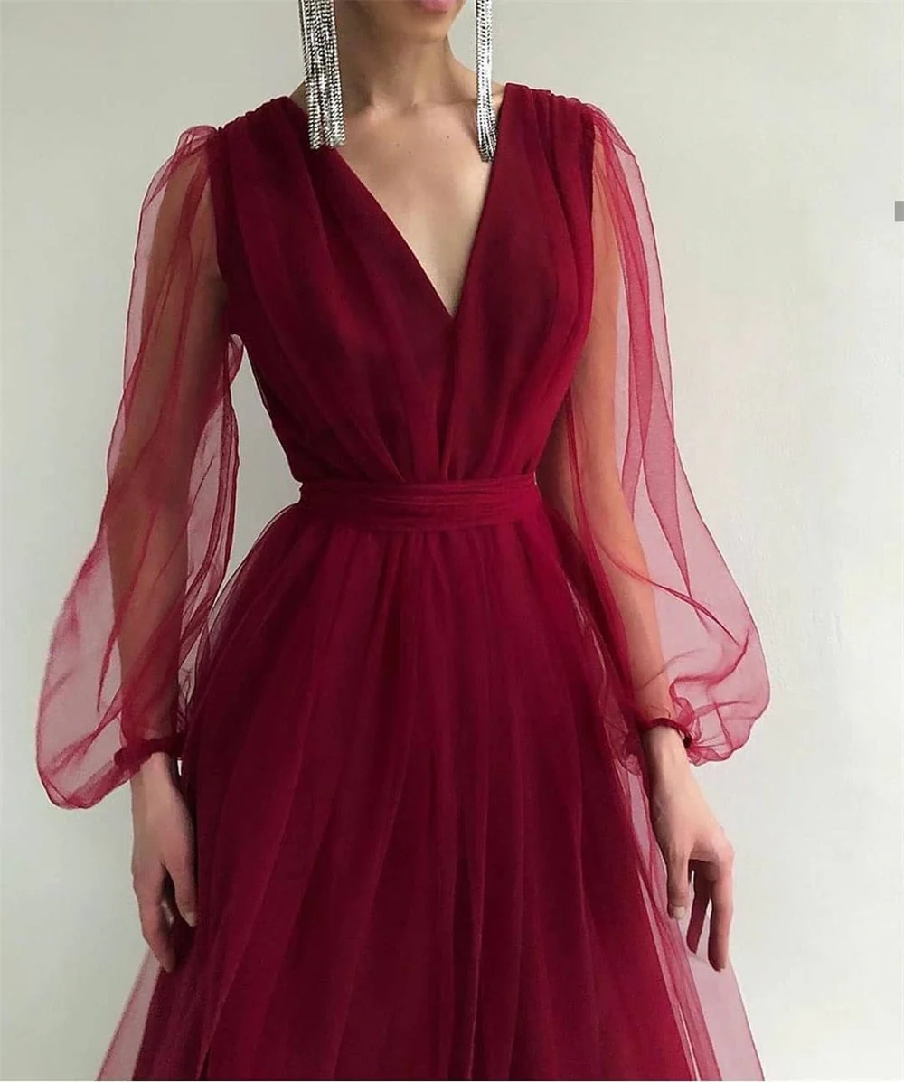 Graduation dress Short A Line Prom Dresses V Neck Long Puff Sleeve Tulle Formal Wedding Evening Party Dresses For Graduation Vestidos De Fiesta - Deanwangkt