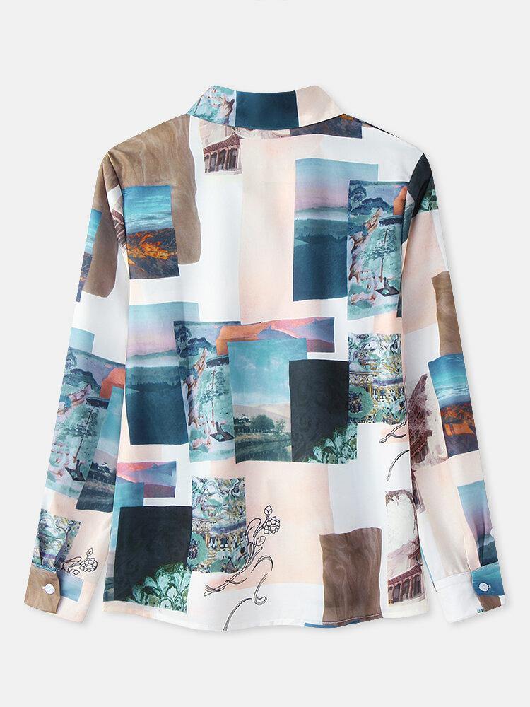 deanwangkt Women Block Landscape Print Long Sleeve Lapel Casual Blouse - Deanwangkt