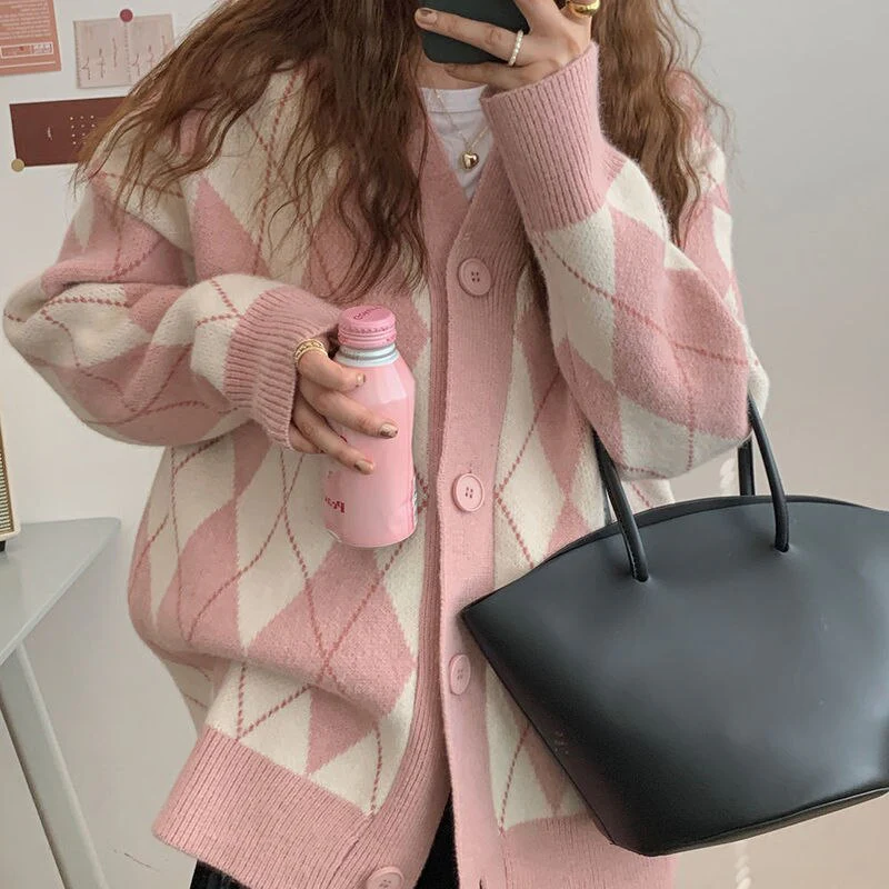 deanwangkt Cardigan Women Winter Chic Sweater Jacket Girl Knitted Argyle Coat Loose All Match Student Korean Knitwear Pink Tops Sweat Femme - Deanwangkt
