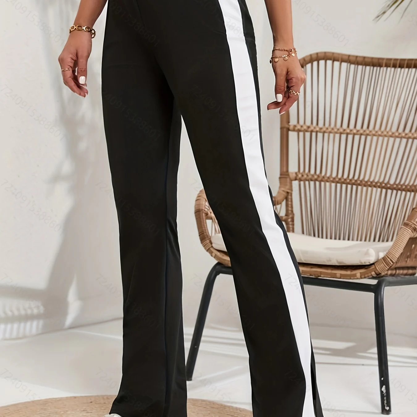 deanwangkt-1  Striped Print Pants, Casual Color Block Split High Waist Wide Leg Pants, Women's Clothing - Deanwangkt