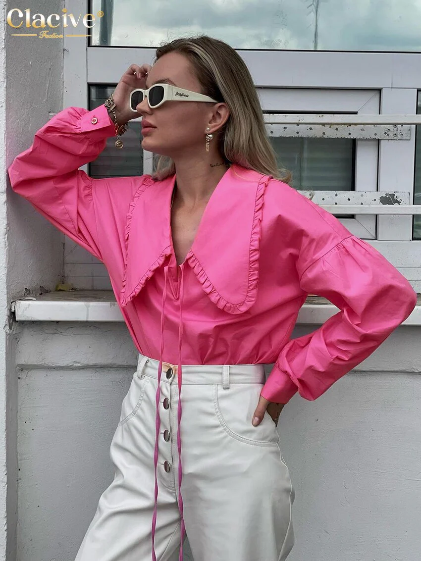 deanwangkt Sexy Loose Pink Shirts For Women Fashion Doll Collar Long Sleeve Office Lady Blouses Elegant Classic Top Female Clohting - Deanwangkt