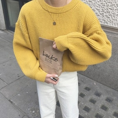 deanwangkt Women Solid Knitted Thickening Oversized Sweater Female Round Neck Long Sleeve Casual Loose Pullovers Top  Autumn Winter - Deanwangkt