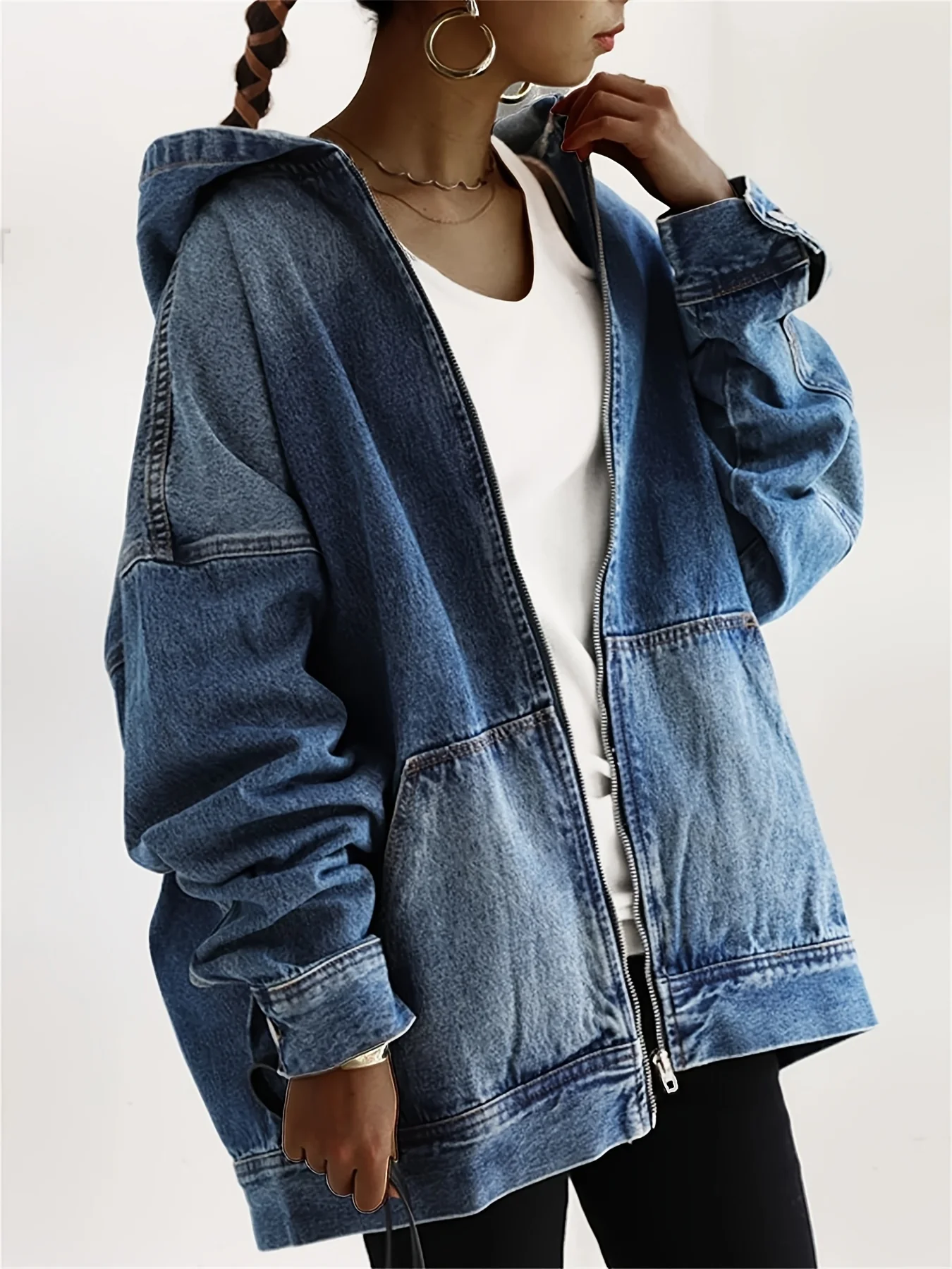 Long Sleeves Hooded Denim Jacket, Full Zipper With Front Pocket Denim Coat, Women's Clothing - Deanwangkt
