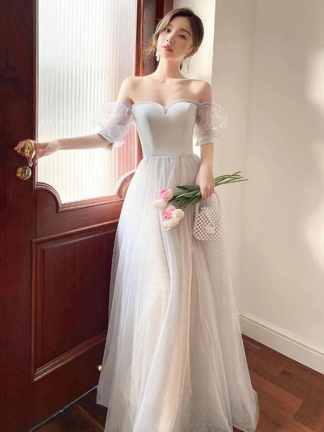 solvbao Gray Strapless Tulle Long Prom Dress, Lovely A-Line Evening Dress - Deanwangkt
