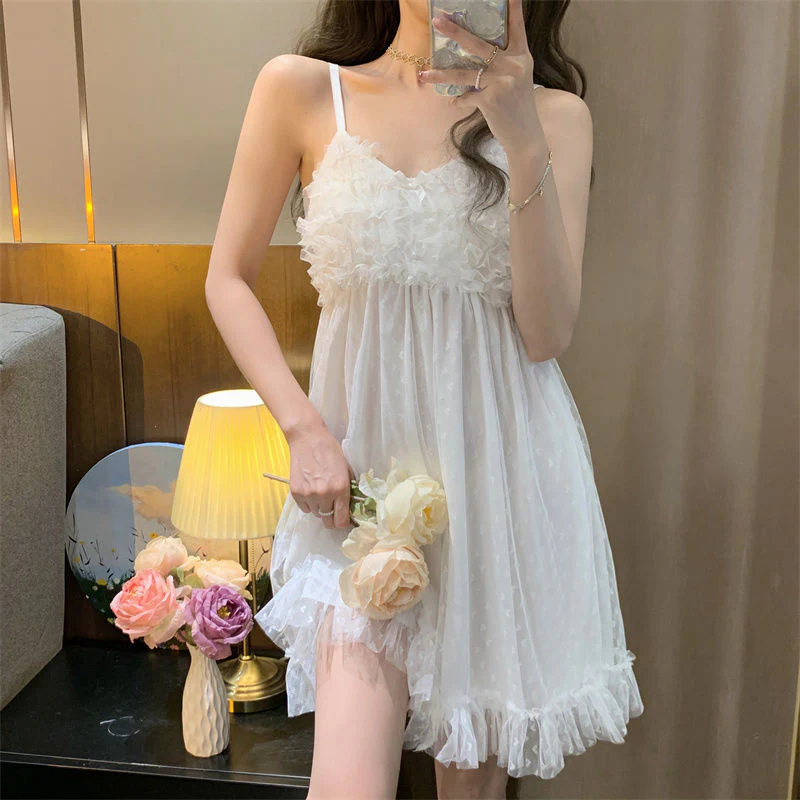 Sleepwear Women Nightwear Women's Sweet New Summer Long-sleeved Sexy Lace Home Clothes Night Gown Sleep Dress - Deanwangkt