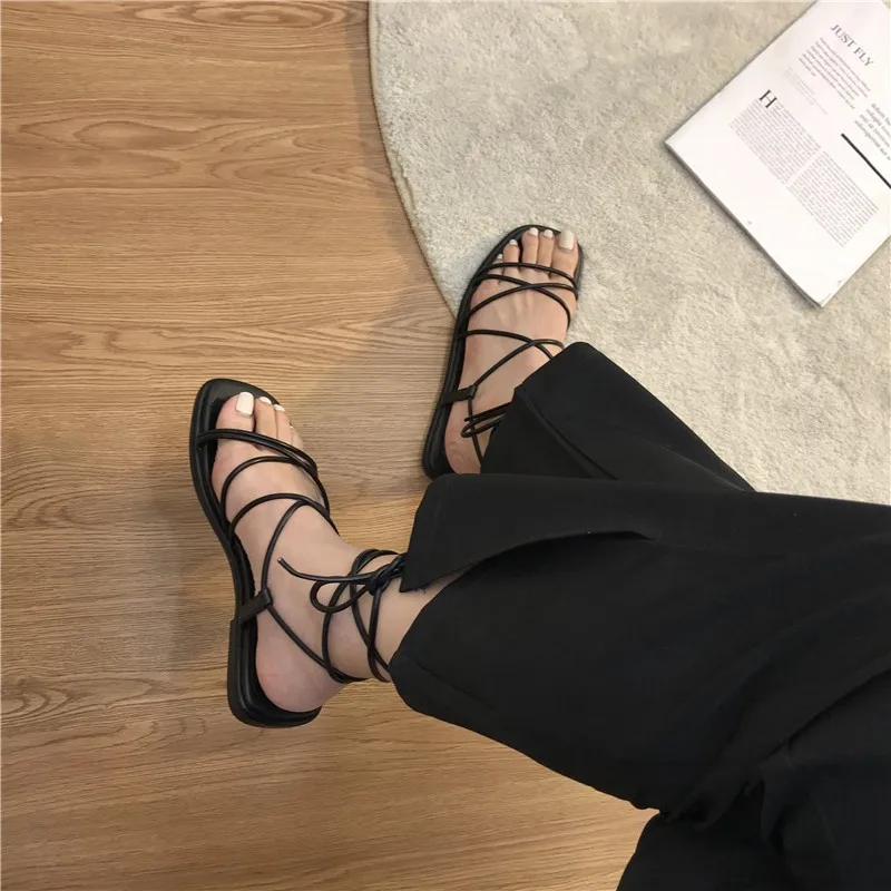 deanwangkt Summer Shoes Women Sandals Narrow Band Vintage Square Toe Flat Cross Strap Thong Sandals V Shape Design Shoes Women - Deanwangkt