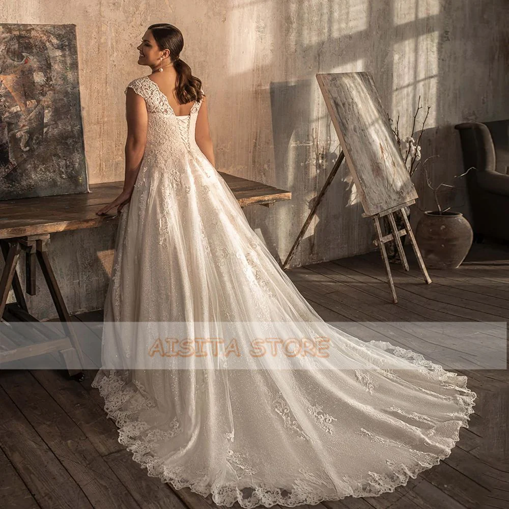 Graduation dress Plus Size Modest A-line Wedding Dresses  Lace Appliques Bride Dresses V Neck Lace-up Corset Back Bridal Gown robe de mariée - Deanwangkt