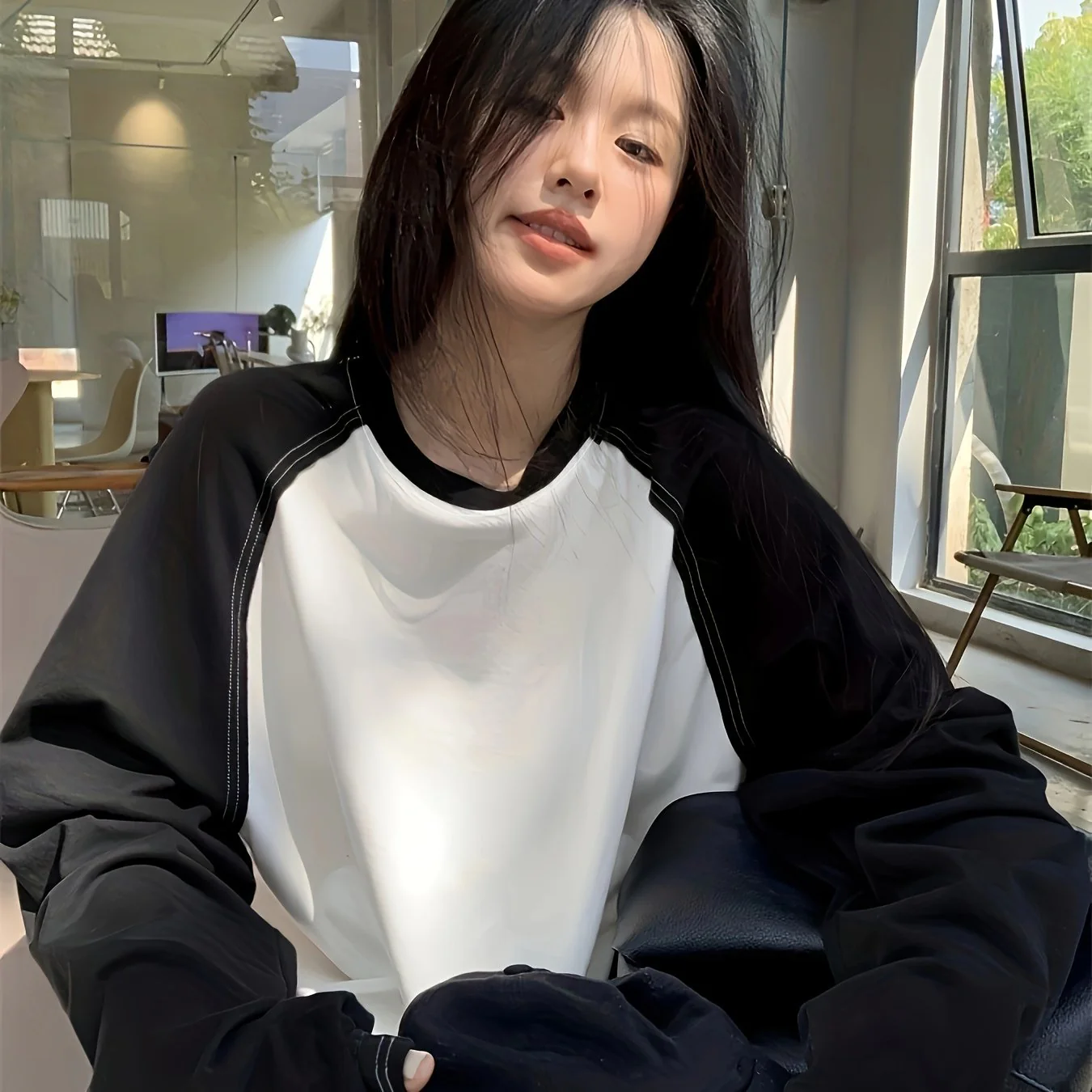 deanwangkt Color Block Raglan Neck Tee, Casual Long Sleeve T-shirt, Women's Clothing - Deanwangkt