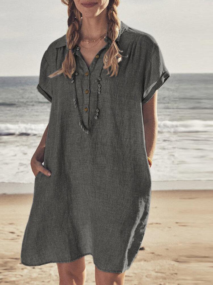 deanwangkt Solid Casual Button Lapel Short Sleeve Bohemia Pocket Shirt Dress - Deanwangkt