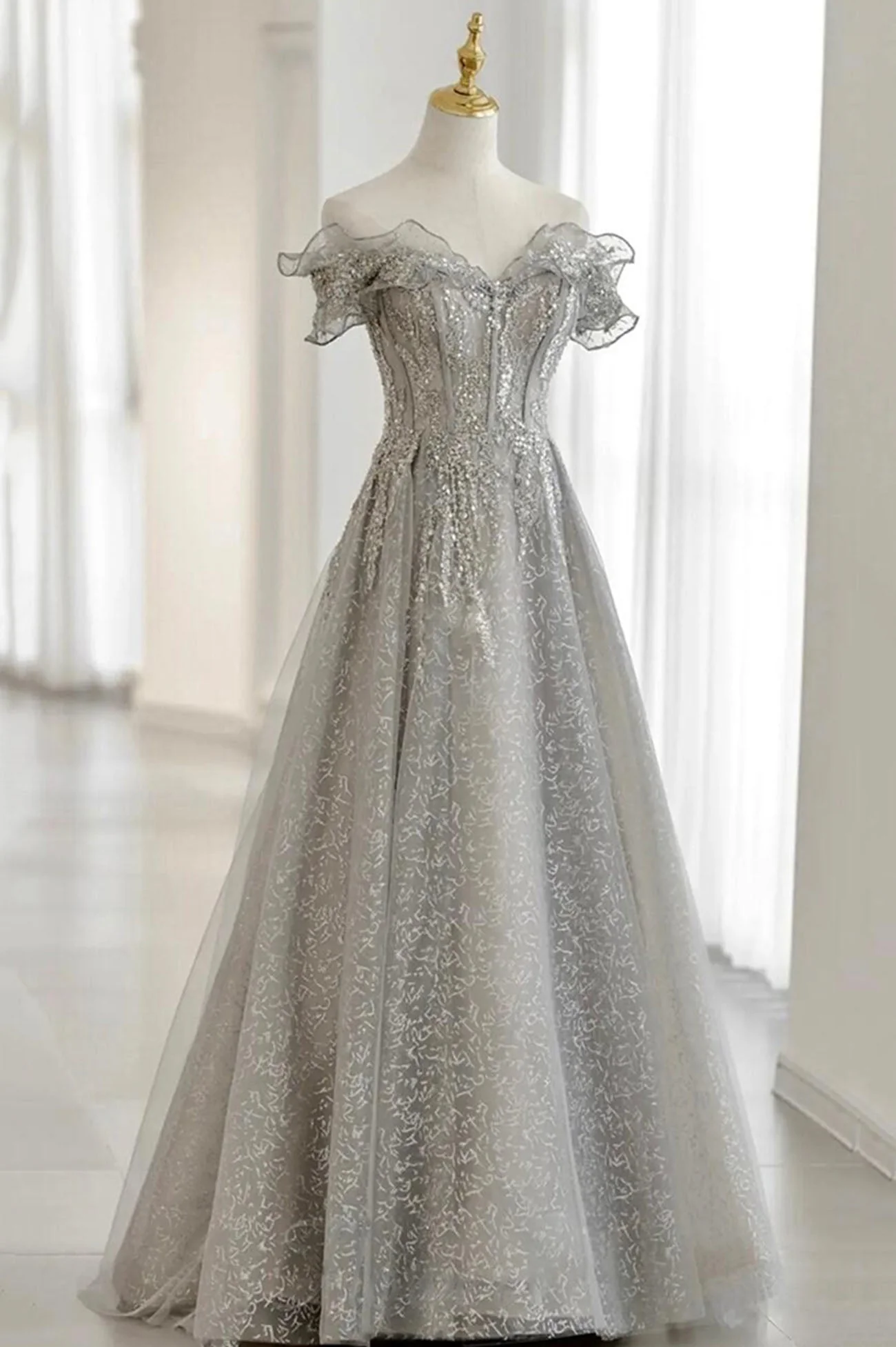 solvbao Grey Tulle Sequins Long A-Line Prom Dresses, Off the Shoulder Evening Dresses - Deanwangkt
