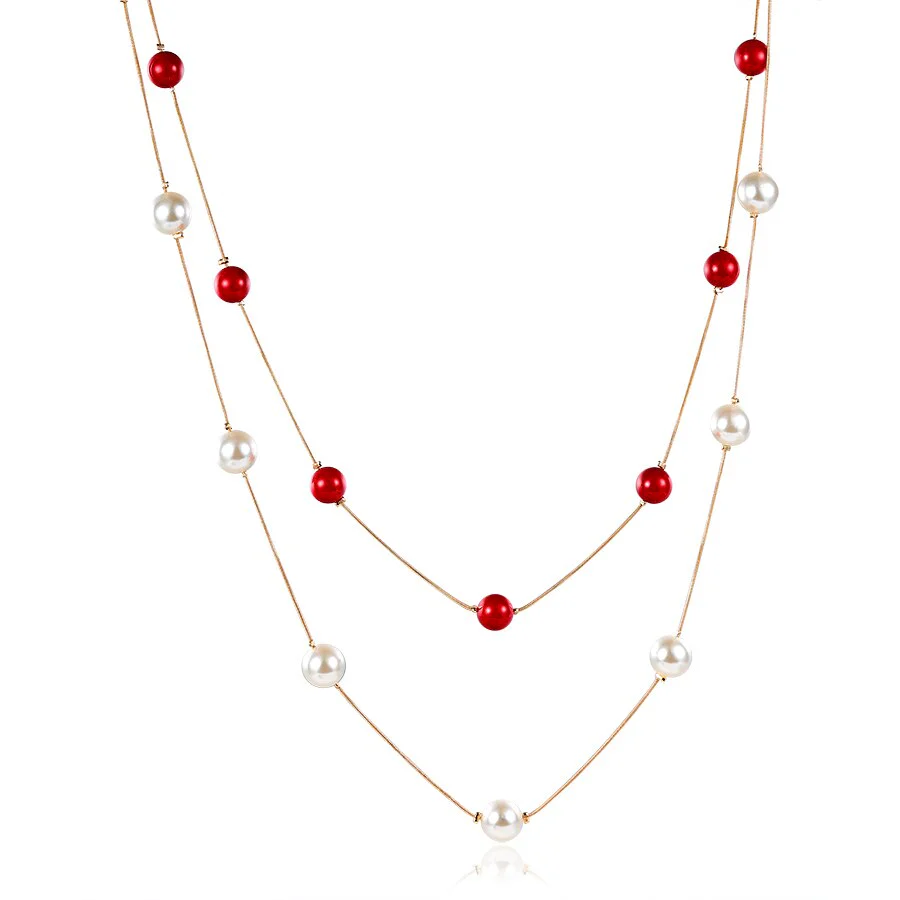DEANWANGKT 4 Colos Red Simulated Pearl Necklace Women Long Chain Multilayer Choker Necklace Jewelry Trendy Sweater Accessories - Deanwangkt