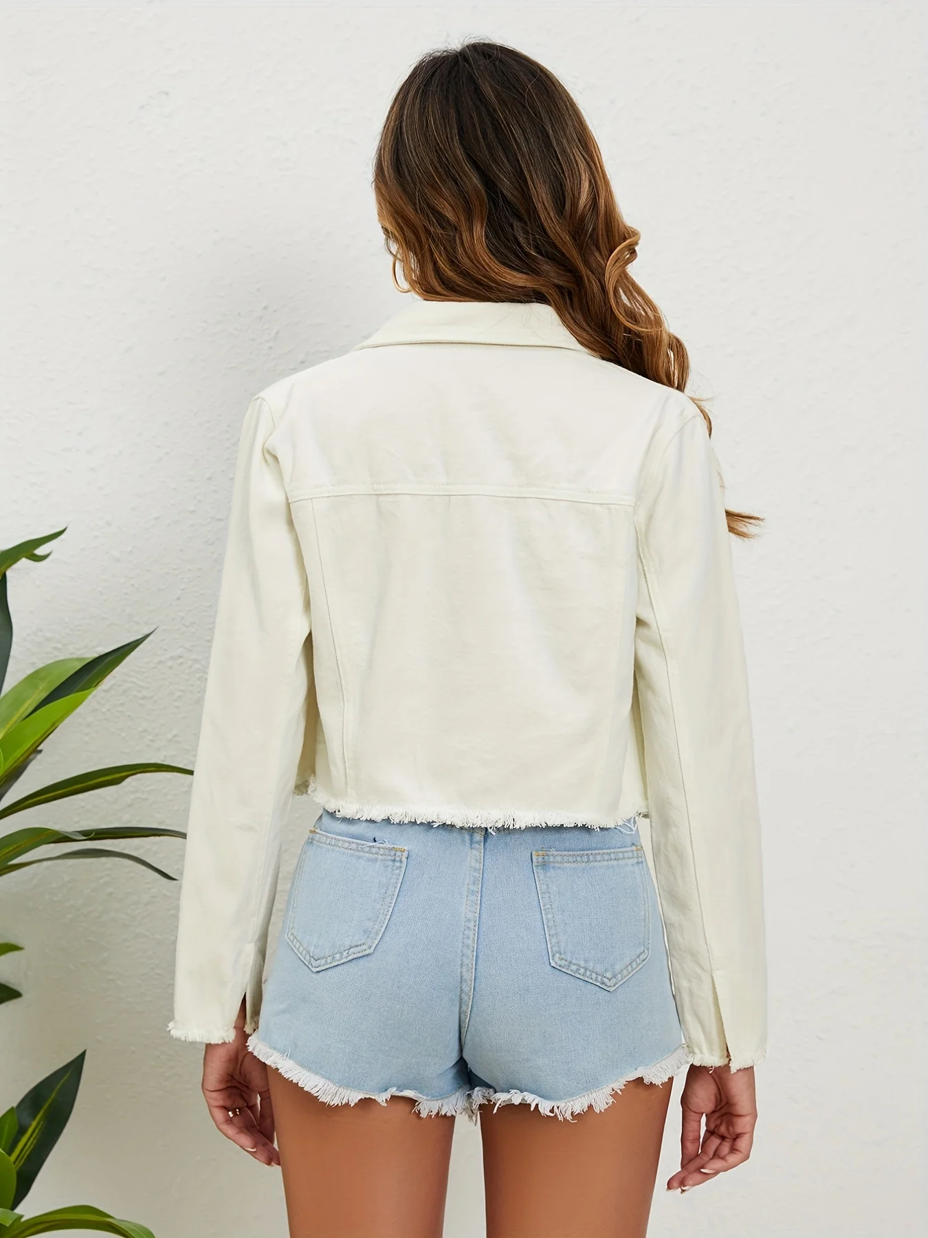 deanwangkt-1  Blue Frayed Trim Denim Jackets, Long Sleeves Single-Breasted Button Lapel Denim Coats, Women's Denim Clothing - Deanwangkt