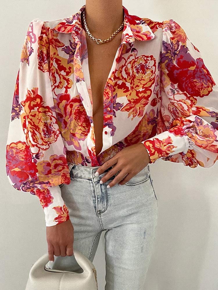 deanwangkt Women's Floral Print Puff Sleeve Shirt Female Elegant Casual V Neck Shirts Spring Summer Fashion Office Ladies Tops Blouses - Deanwangkt