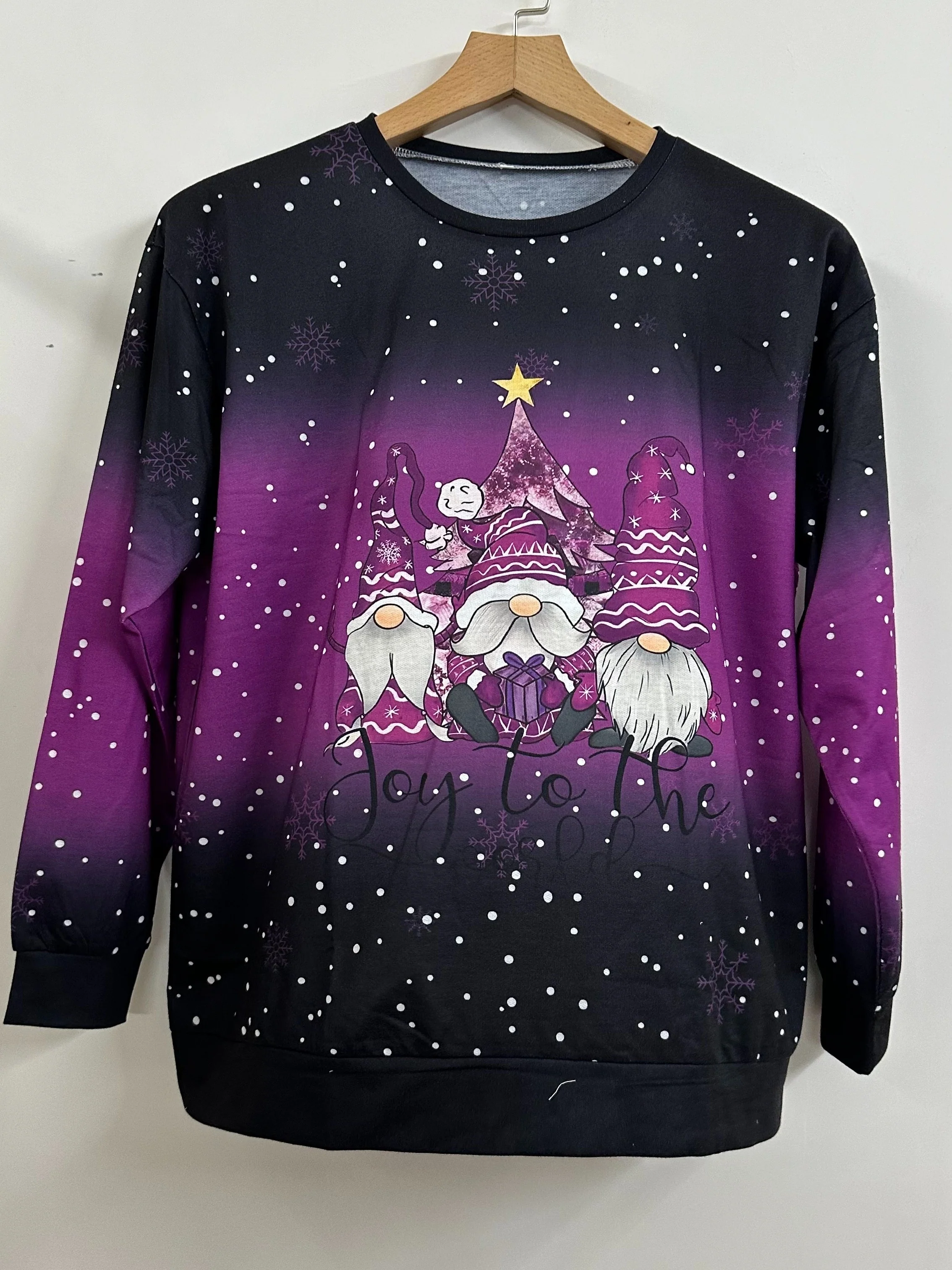 deanwangkt-1  Plus Size Christmas Casual Sweatshirt, Women's Plus Snowflake & Gnomes Print Long Sleeve Round Neck Medium Stretch Pullover Top - Deanwangkt