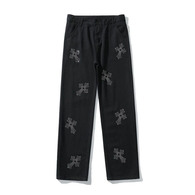 Rhinestone Gothic Cross Jeans Women Streetwear Hip Hop Harajuku Female Hot Drill Loose Straight Wide Leg Pants Casual Trousers - Deanwangkt